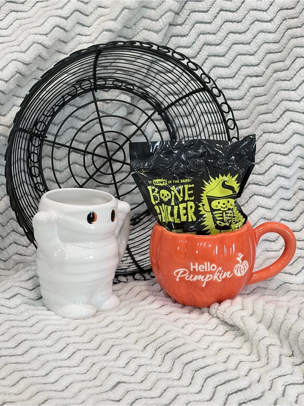 Hello Pumpkin Orange Ceramic Mug with White Ghost Accent Mug